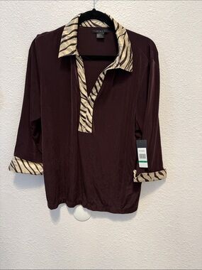 Kiara Brown Top with Cream Zebra-Print Trim